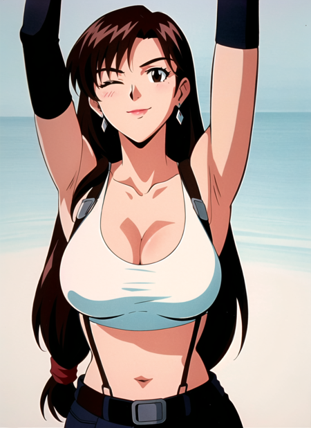 3978521679-471778449-evangelion anime style, anime screencap, 1990s__(style_),  tifa lockhart, 1girl, thick lips, arm up, armpits, artist name, belt,.png